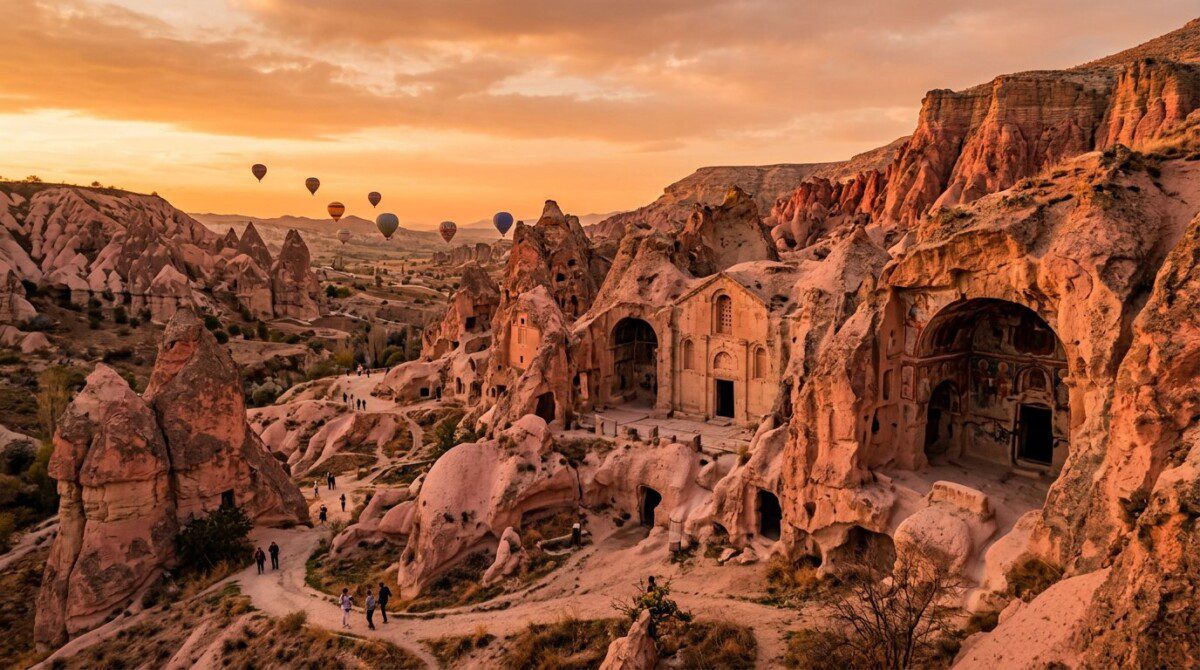 Goreme Open-Air Museum Byzantine cave churches with balloons at Red Valley sunset